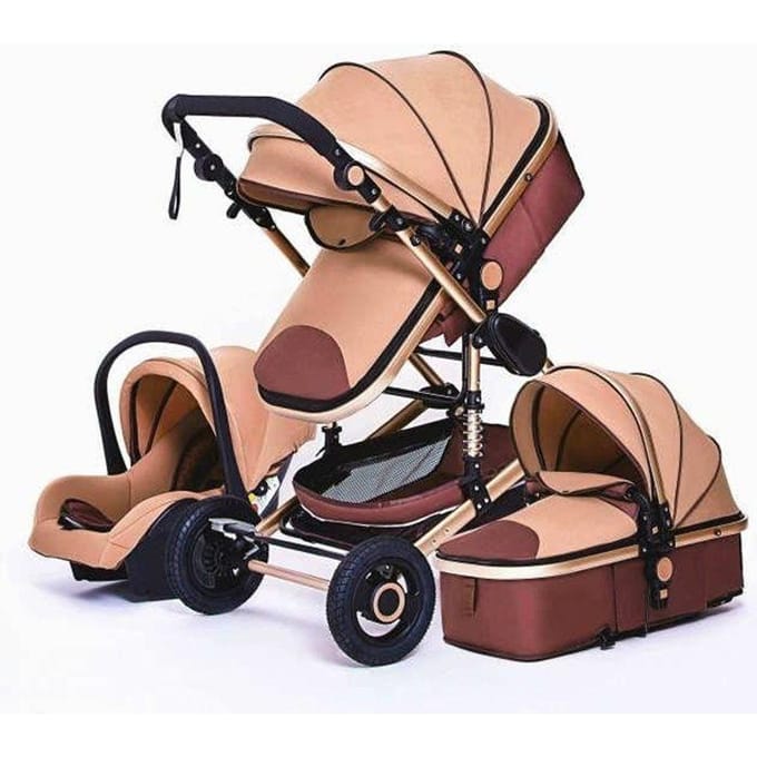 Combinatie Kinderwagen Trio Pak 3-in-1 Bruin Hoog Chassis met Schokabsorptie Opvouwbaar Omkeerbare Autostoel Luchtloze Wielen bruin