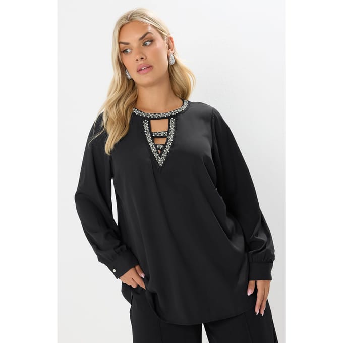 Yours Zwarte Diamante Sleutelgat Blouse Size 44