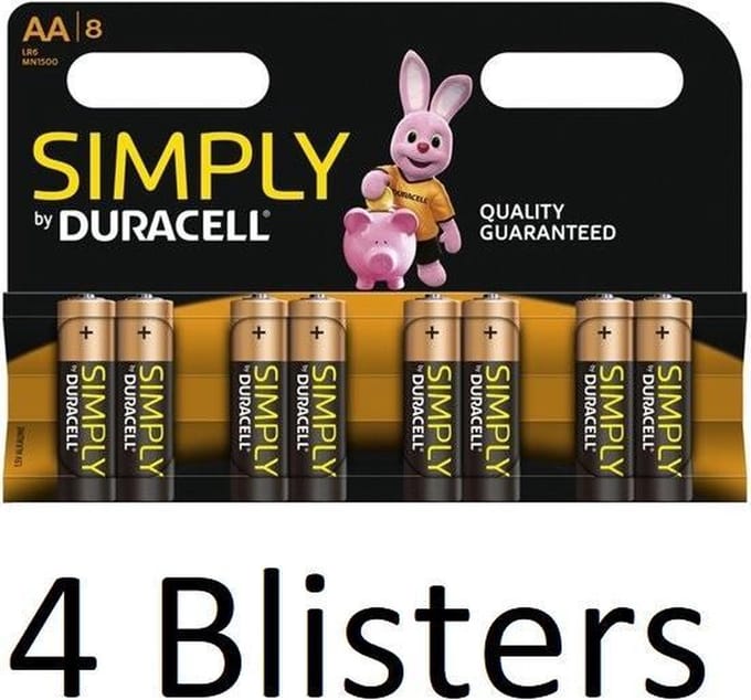 32 Stuks (4 Blisters a 8 st) Duracell AA Simply Batterijen