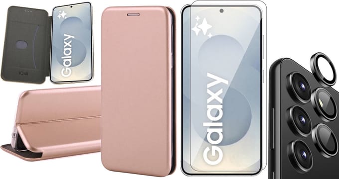 Hoesje geschikt voor Samsung Galaxy S25 Plus - Screenprotector Glas & Camera - Wallet Book Case Rosegoud