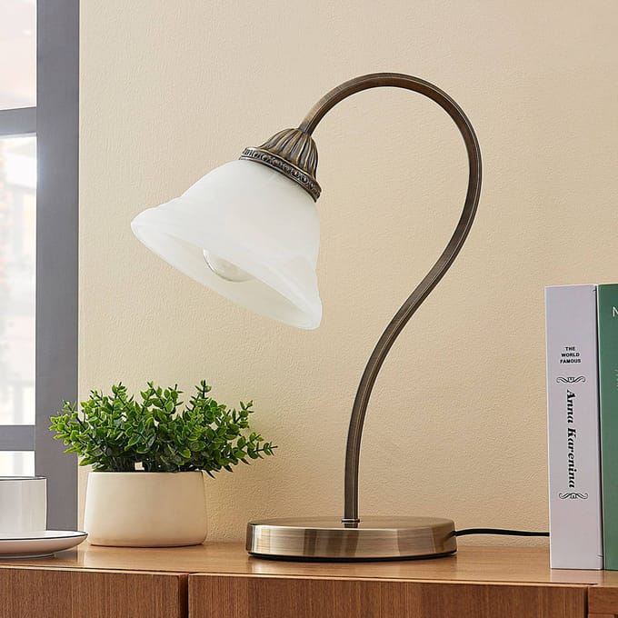 Lindby - LED tafellamp - 1licht - Glas, metaal - H: 42 cm - E27 - wit albast, antiek messing