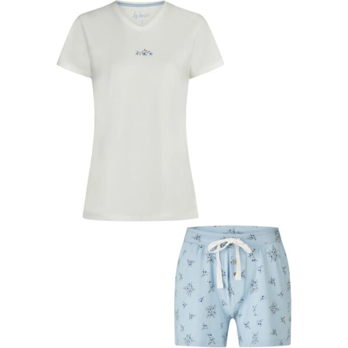 By Louise Dames Korte Pyjama Set Shortama Wit/Lichtblauw Gebloemd - Maat S