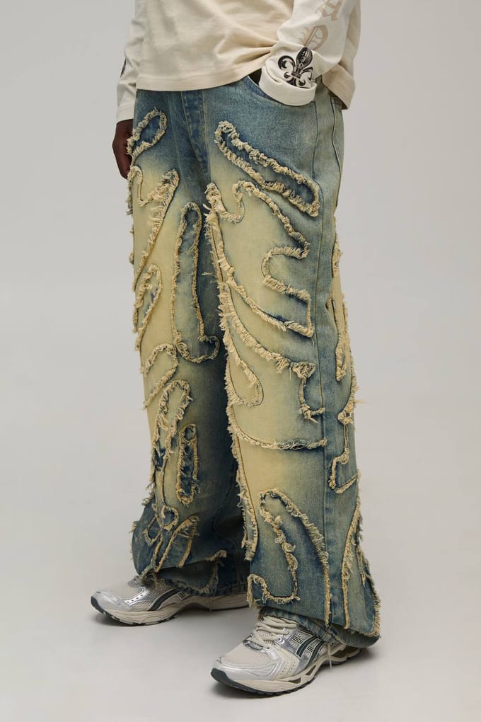 Super Baggy Jeans Met Getinte Wassing En Ruwe Rand Appliqué | Green | Size 34