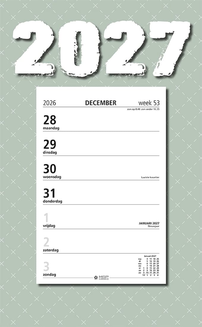 MGPcards - Week Scheurkalender 2027 - Week begint op maandag - 21 x 34 cm - Groen