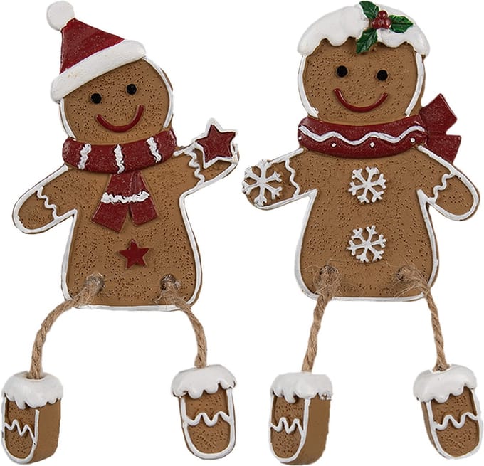 Clayre & Eef Kerstdecoratie Gingerbread man 7x2x13/ 6x2x12 cm Bruin Polyresin