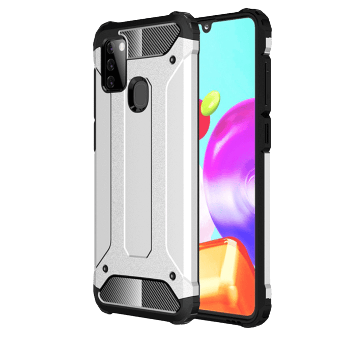 CaseBody Samsung Galaxy A21s Hoesje Shockproof Steel Armor Zilver