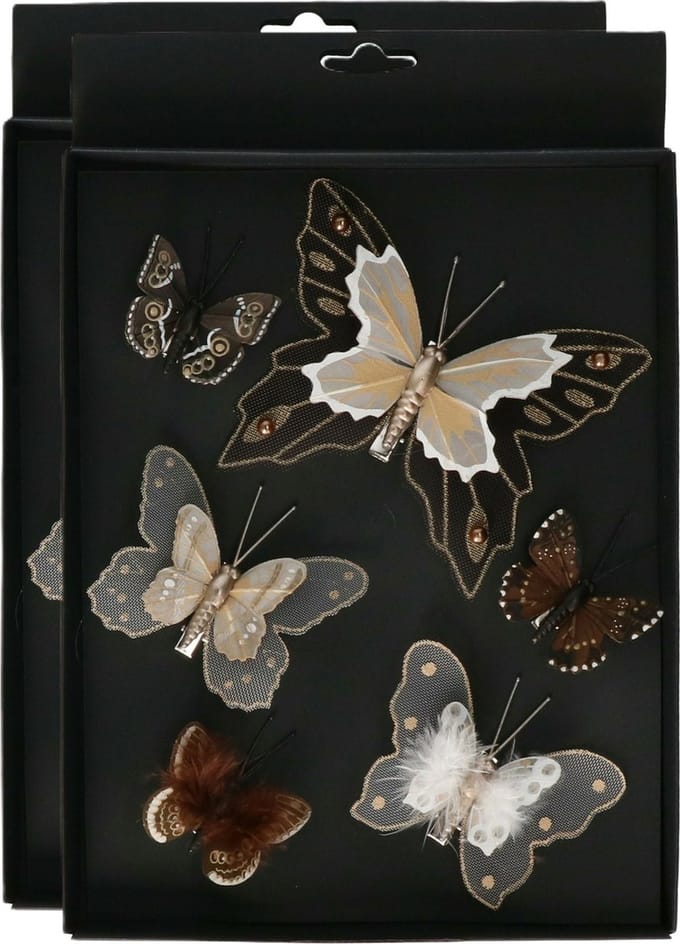 Othmar Decorations Decoratie vlinders op clip - 6x- bruin tinten - 5-8 cm - kunststof