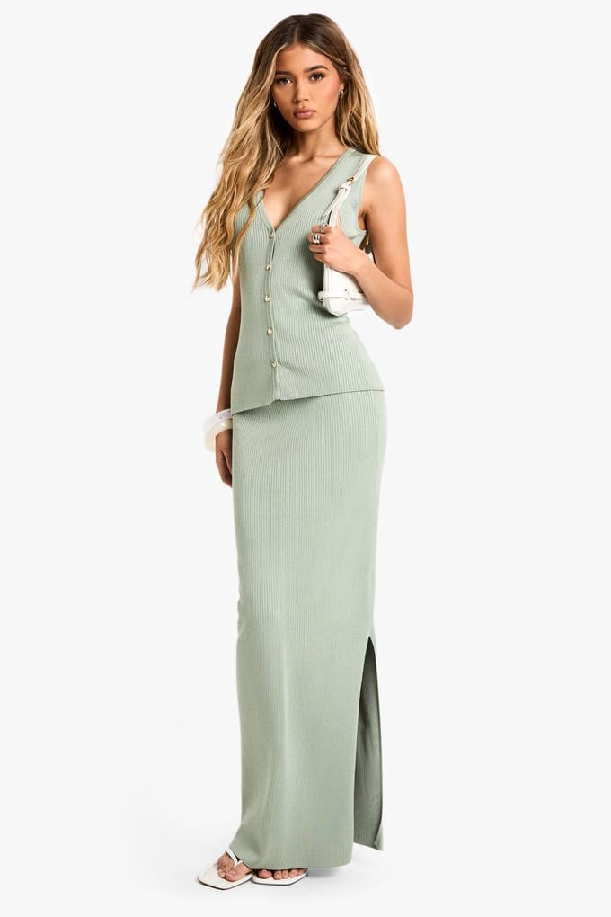 boohoo Dames Premium geribbelde gebreide longline vest en maxi rok set | Verstandig | Maat: Medium
