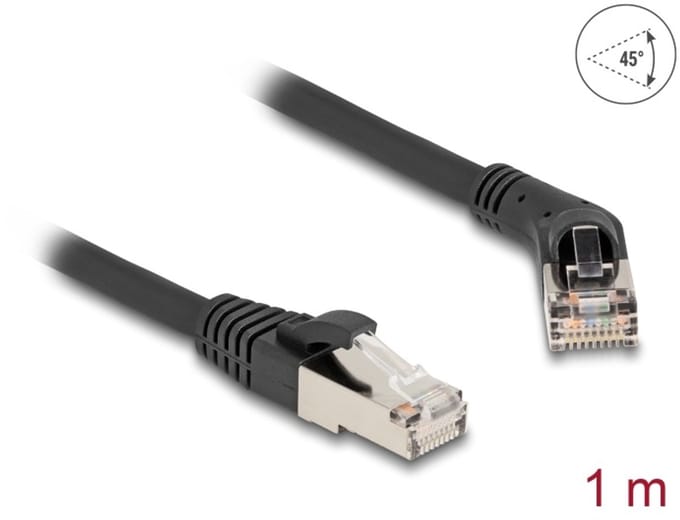 Delock RJ45 Network Cable Cat.6A S/FTP plug 45° right angled to plug straight 1 m black