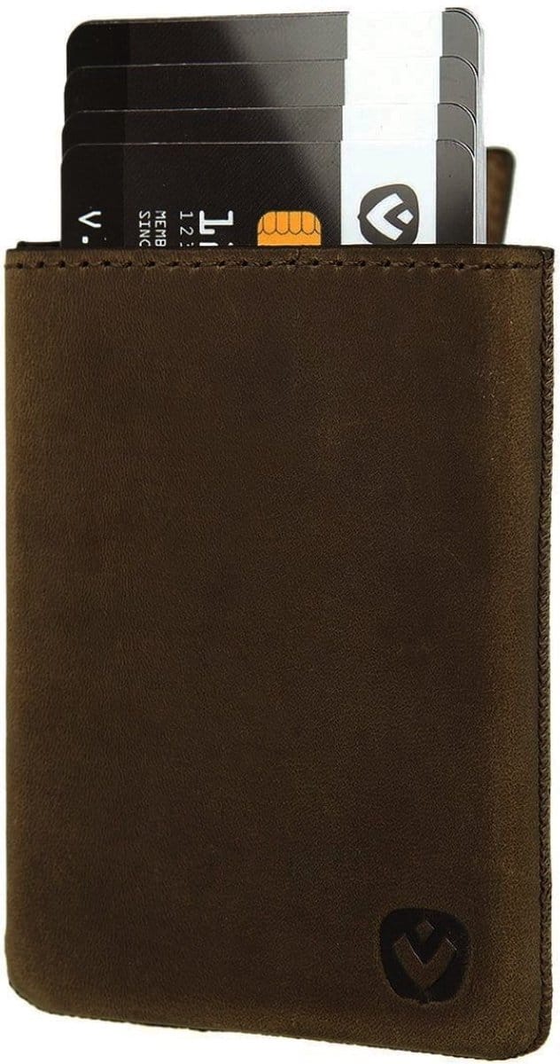 Pasjeshouder - Pocket Luxe - Easy Out systeem - Leer - 6 tot 8 pasjes - RFID - Vintage Bruin