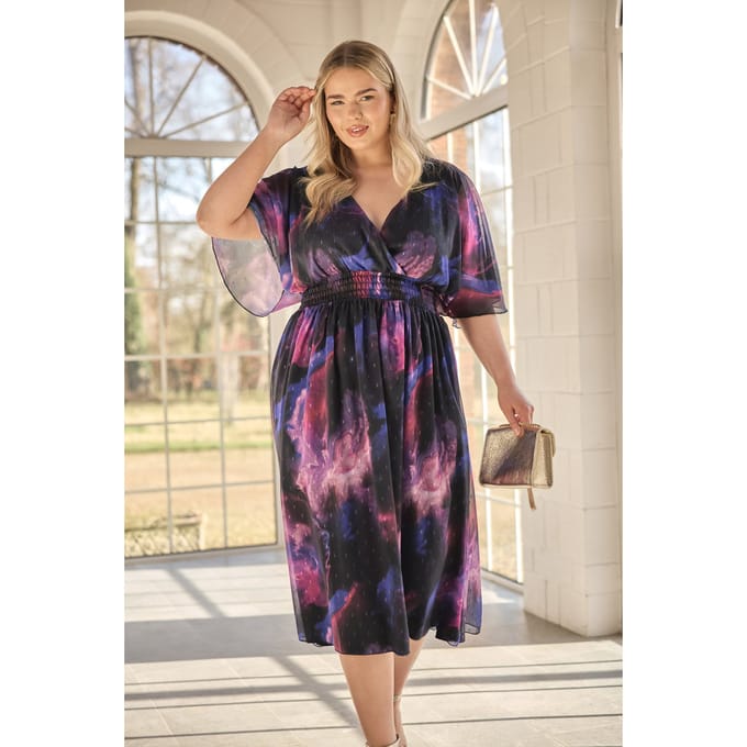 Yours London Midijurk Met Abstracte Print En Elastische Taille In Metallic Zwart Size 46