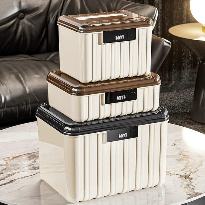 Opbergkist met veiligheidsslot, dubbellaagse organizer voor documenten en sieraden beige