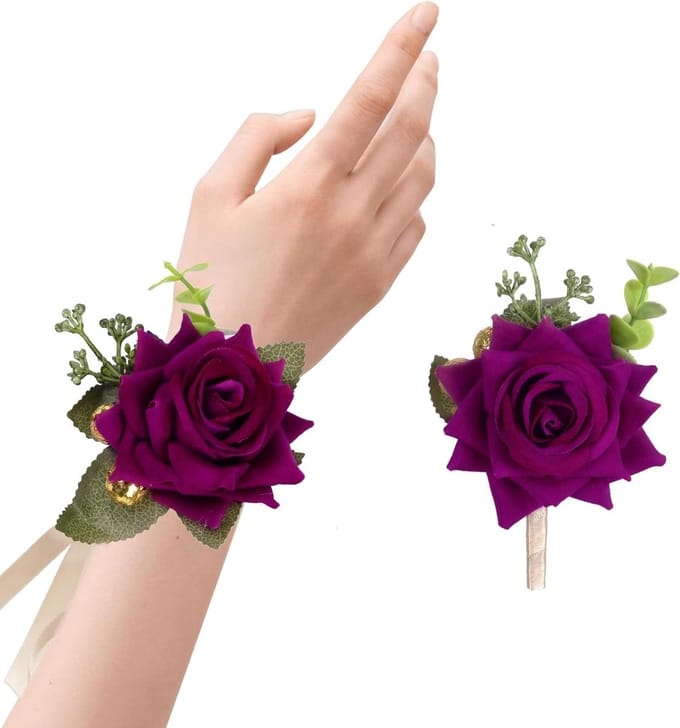 Bloem Corsage Set - Polsband Bruiloft - Feestelijke Gelegenheid - Realistische Kunstbloemen - 8.5cm Diameter - Paars