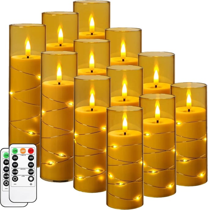 Set van 12 LED Kaarsen met Afstandsbediening en Timer, Champagnekleur