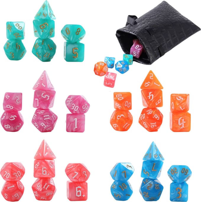 Lapi Toys - Dungeons and Dragons dobbelstenen mega set - D&D dobbelstenen - D&D polydice - 5 sets (35 stuks) - Acryl - Met gratis dice bag - Meerkleurig