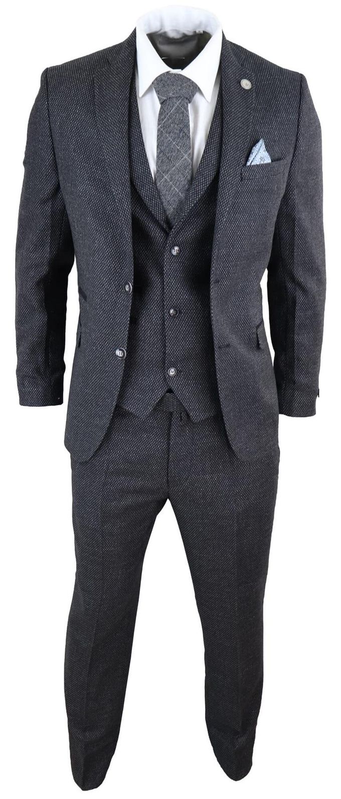 Heren 3-delige Zwarte Visgraat Tweed Kostuum