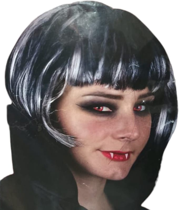 Zwart grijze halloween pruik dames - boblijn - horror/eng - helloween
