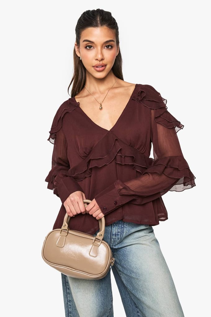 boohoo Dames Blouse met ruches in chiffon | Chocolate | Maat: 6