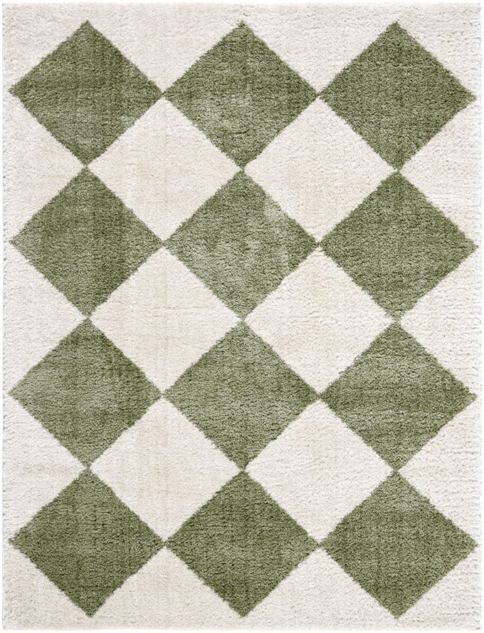 SURYA - DELINE Shaggy Tapijt met Ruitenpatroon Wasbaar Groen