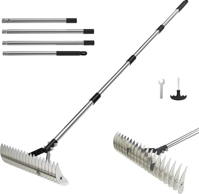 Rieten hark - Gazon hark - Gazon onderhoud - Verstelbaar ontwerp - 134 cm lengte - Zilver