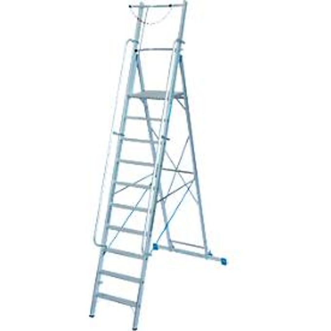 Aluminium trapladder, met groot platform, met veiligheidsbeugel en ketting, 10 treden