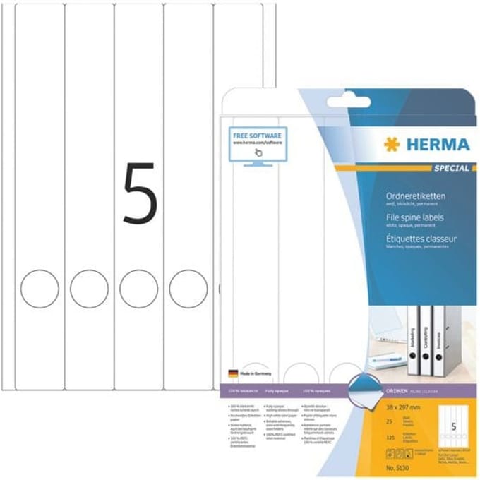 Herma ordneretiketten A4, 297 mm lang, permanent hechtend/bedrukbaar, 125 stuks, wit