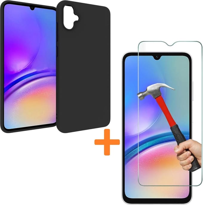 Silicone hoesje zwart met 2 Pack Tempered glas Screen Protector Geschikt voor: Samsung Galaxy A05