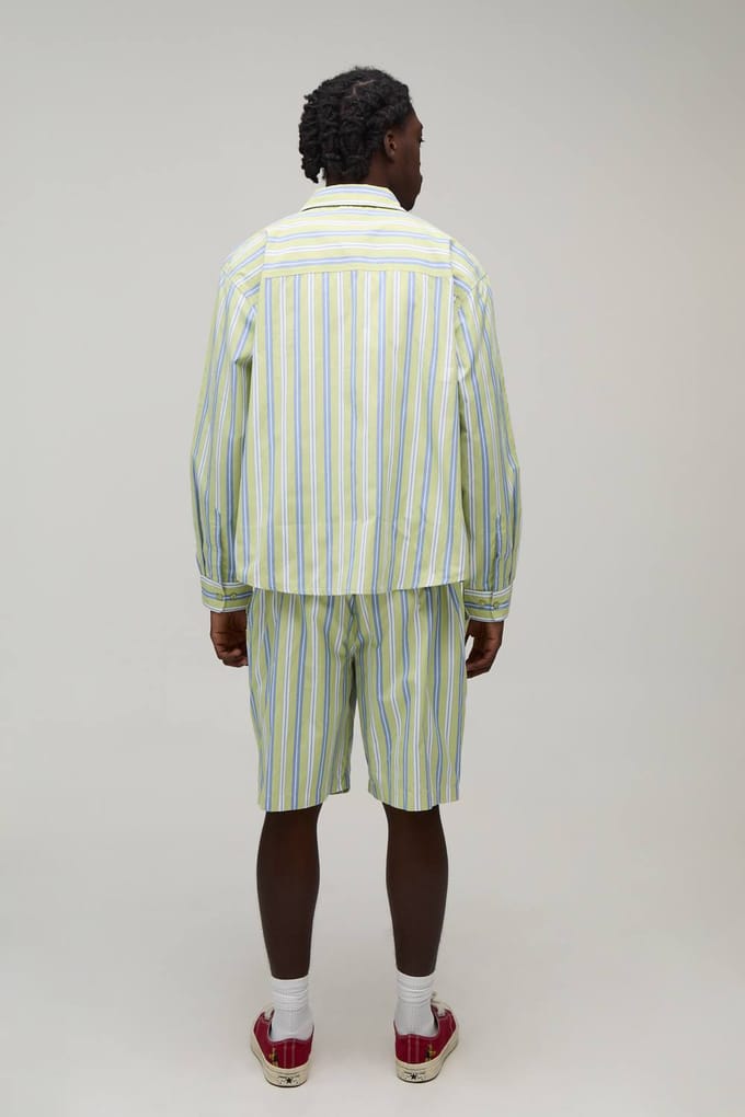 Gestreept Poplin Gebogen Zoom Geborduurd Oversized Lange Mouw Shirt & Baggy Short Set | Green | Size Medium