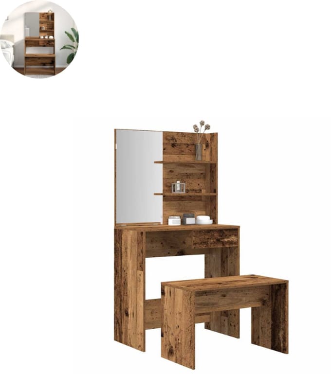 Kaptafel met spiegel - Make up tafel - Make up - Toilettafel - Met lades - Oud Hout