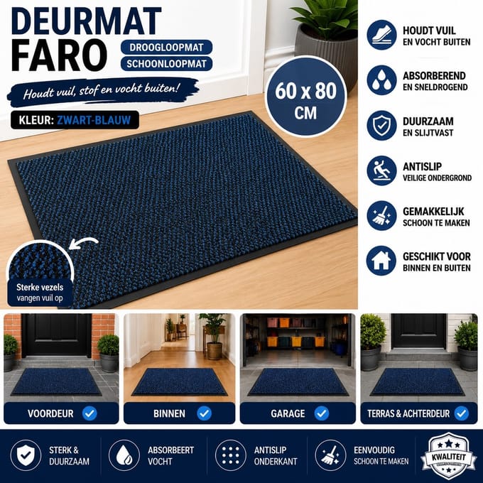 Wicotex - Deurmat - Schoonloopmat Faro - Afmeting 60x80cm - Kleur Zwart - Blauw