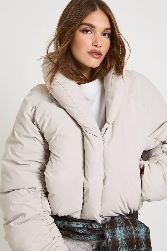 boohoo Dames Bijgesneden donsjas | Stone | Maat: 14