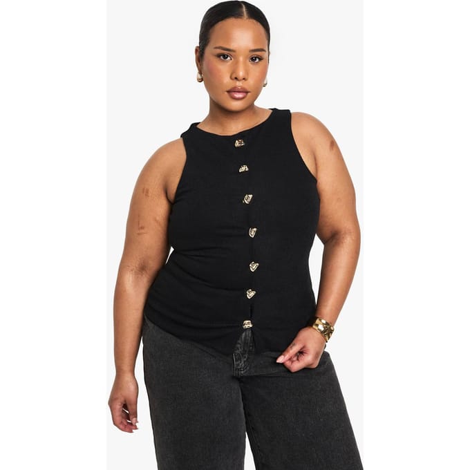 boohoo Dames PLUS GEBREIDE VEST MET DRUKKNOPEN | Zwart | Maat: 52