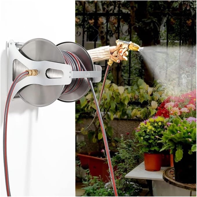 Tuinslanghaspel - Slanghouder - Tuin bewateren - Wandmontage mogelijk - 10 meter - Zilver