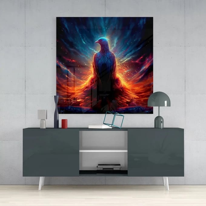 Phoenix Glasschilderij - Vierkant Glasprint - Moderne Muurdecoratie - 80x80 cm