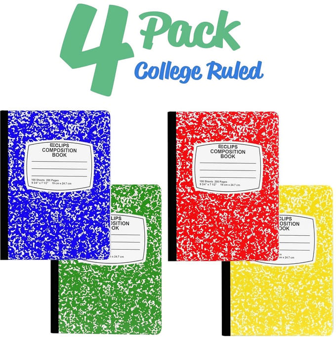 Set van 4 College Gelijnde Compositie Notitieboeken - 200 Pagina's - Diverse Kleuren
