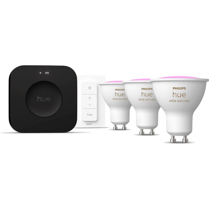 Philips Hue starterkit - GU10 fitting - bevat 1 Hue Bridge Pro, 3 lampen, 1 DimmerSwitch - aanpasbaar wit en gekleurd licht - - slimme verlichting