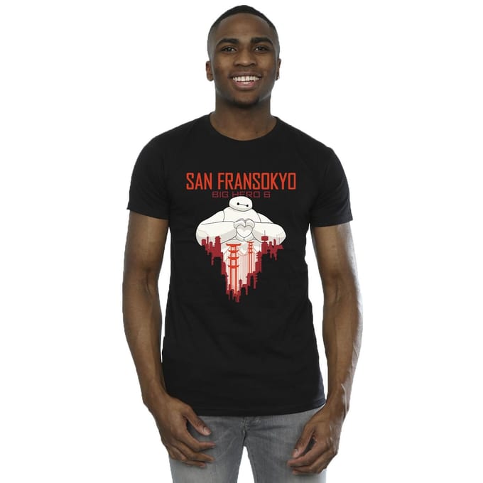 Disney Heren Big Hero 6 Baymax San Fransokyo Hart T-Shirt (Zwart)