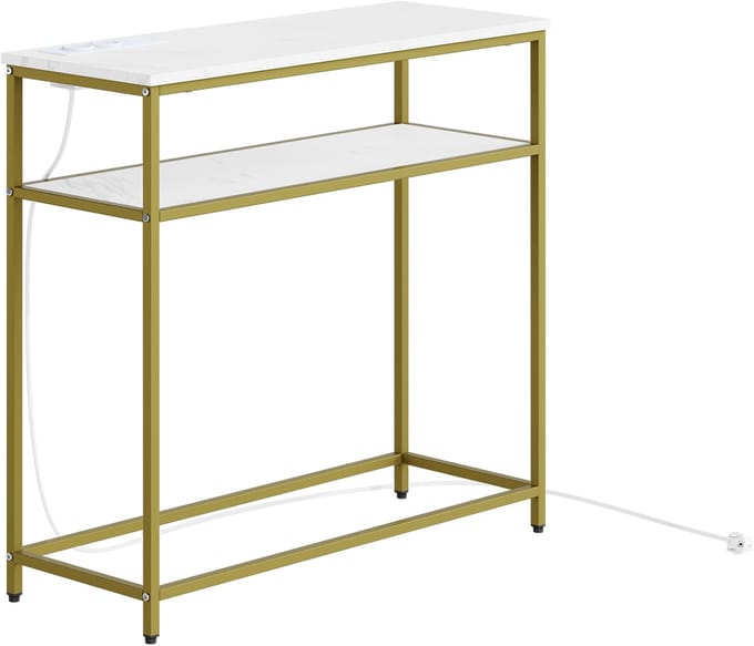 SoBuy FSB106-E-G - Consolentafel - met stopcontacten - goud/creme wit marmerlook | FSB106-E-G