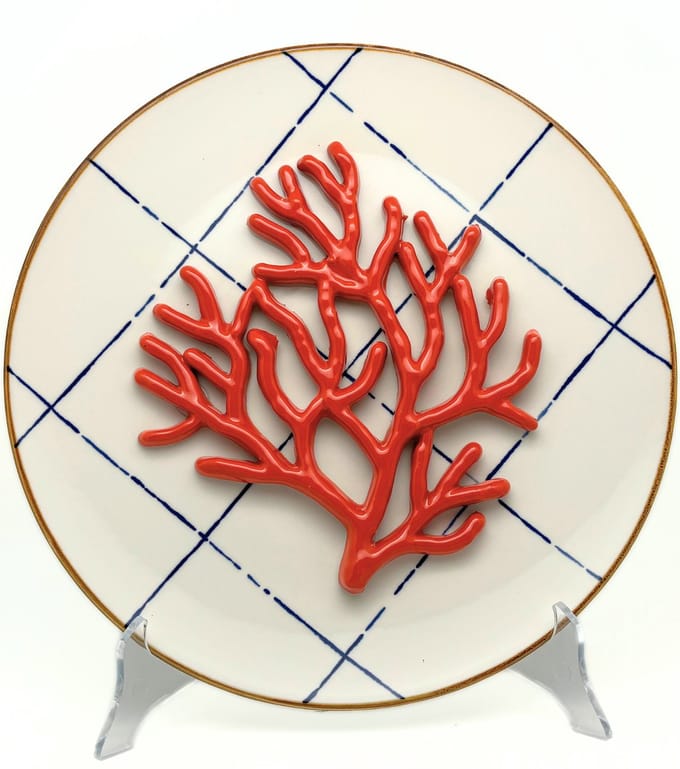 Koraal medio op blauw ruit bord, 28 cm rond