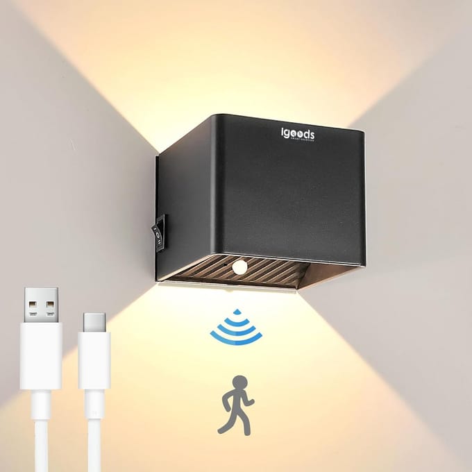 Igoods Wandlamp - Muurlamp - Wandlamp met Sensor - Motion Sensor - Binnenlamp - Zwart