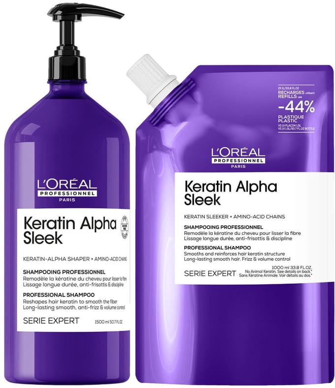 L'Oréal Professionnel Keratin Alpha Sleek Shampoo 1500ml + Refill 1000ml