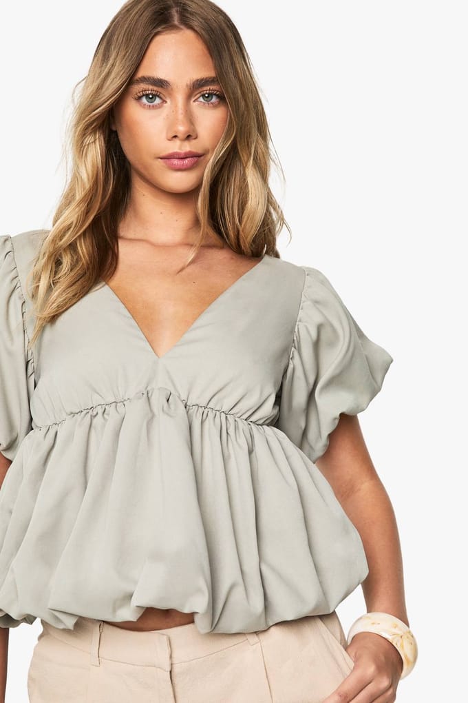 boohoo Dames Poplin Pofbal Top | Sage | Maat: 6