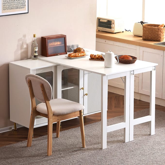 Sweiko Eettafel - Dressoir - Uitschuifbaar tafelblad - Glazen schuifdeuren - Metalen handgrepen - Wit