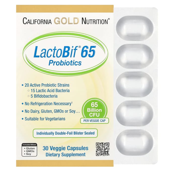 California Gold Nutrition, LactoBif 65 Probioticum, 65 Miljard KVE, 30 Plantaardige Capsules