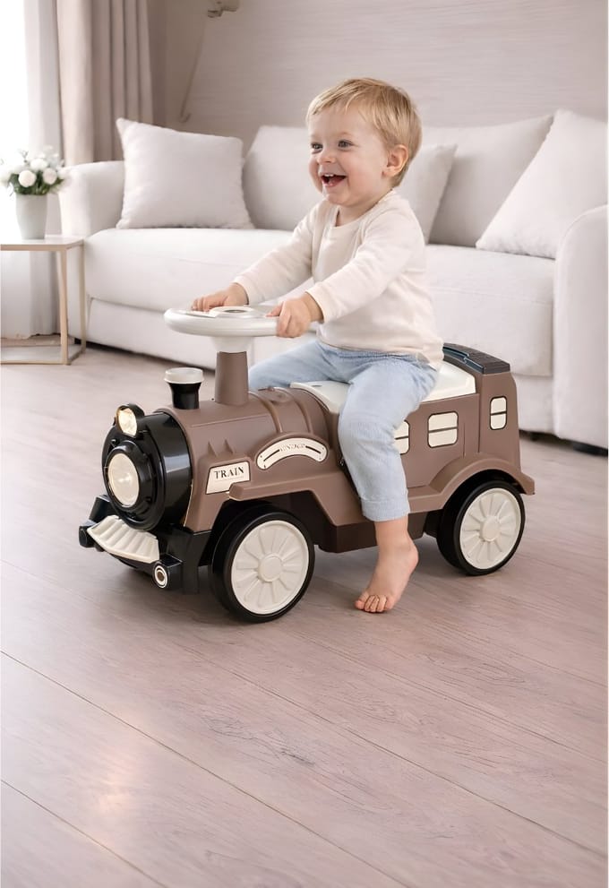 Retro Loopauto - looptrein – Bruin/Wit – Vintage Look - Met Opbergvak – Voor Kinderen 2-5 Jaar