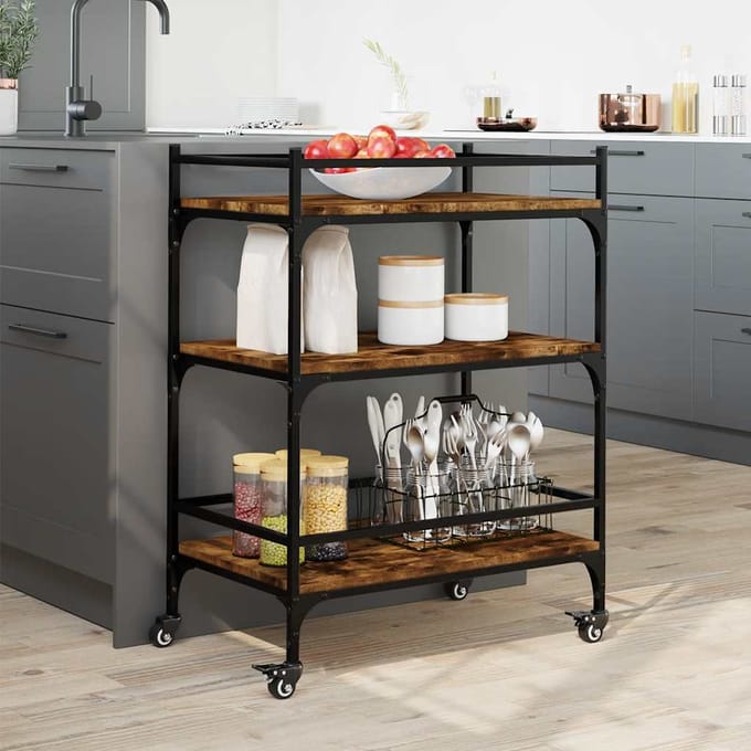 vidaXL - Keukentrolley - 65x40x86,5 - cm - bewerkt - hout - gerookt - eikenkleurig