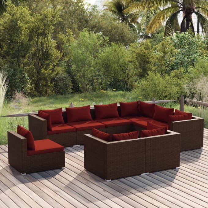 vidaXL - 9-delige - Loungeset - met - kussens - poly - rattan - bruin