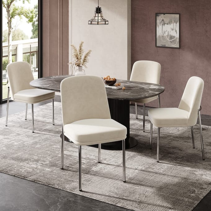 Eetkamerstoelen - Set van 4 - Dik Kussen & Zilveren Frame - Modern - Fluweel - Beige