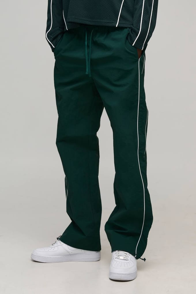 Relaxed Fit Nylon Piping Detail Track Pants | Forest | Size XL