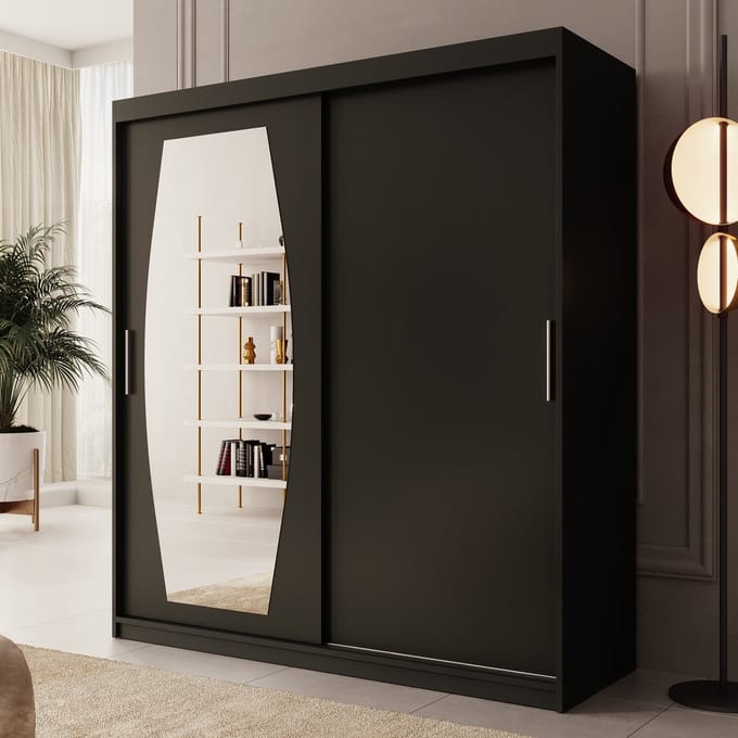 Meubella - Kledingkast Azai - Zwart - 180 cm - Met spiegel